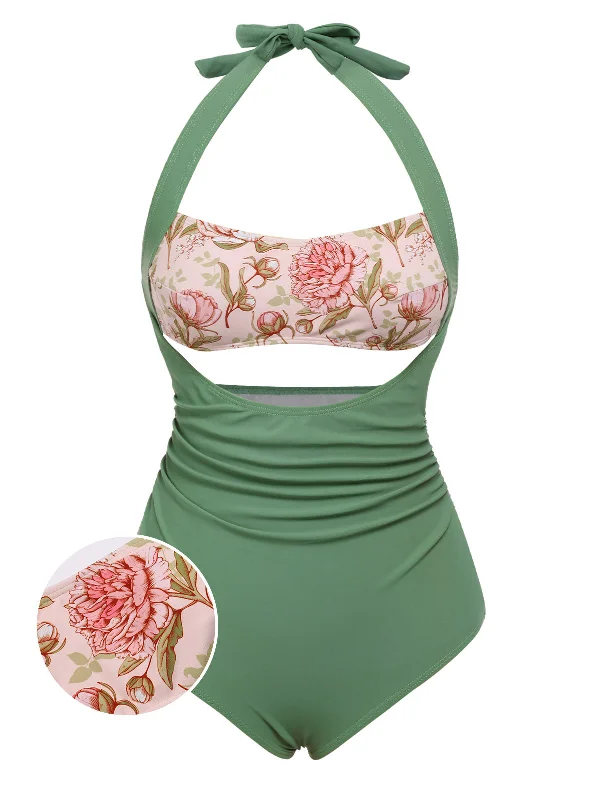 Green 1930s Peony Halter One-Piece Swimsuit Casual Swim Dress