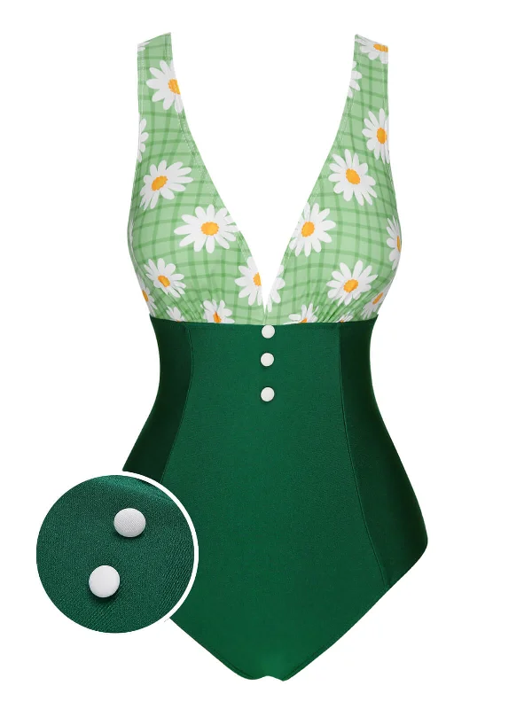 Green 1940s Daisy Patchwork One-Piece Swimsuit Floral Swimwear Set