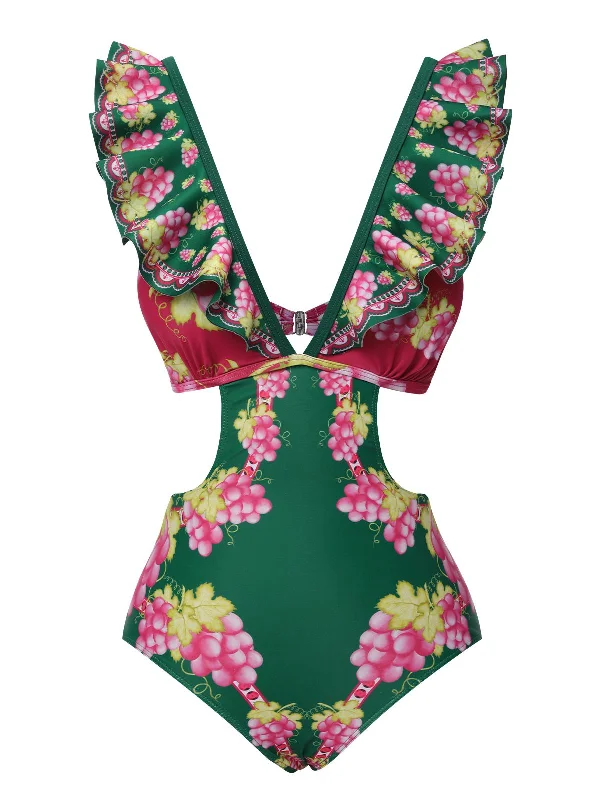 Green 1950s Retro-Flowers V-Neck Swimsuit Chic Beach Cover-Up