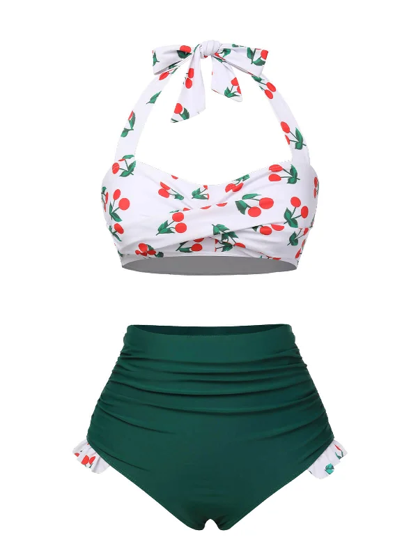 Green & White 1960s Cherry Halter Swimsuit Fun Pattern Swimsuit