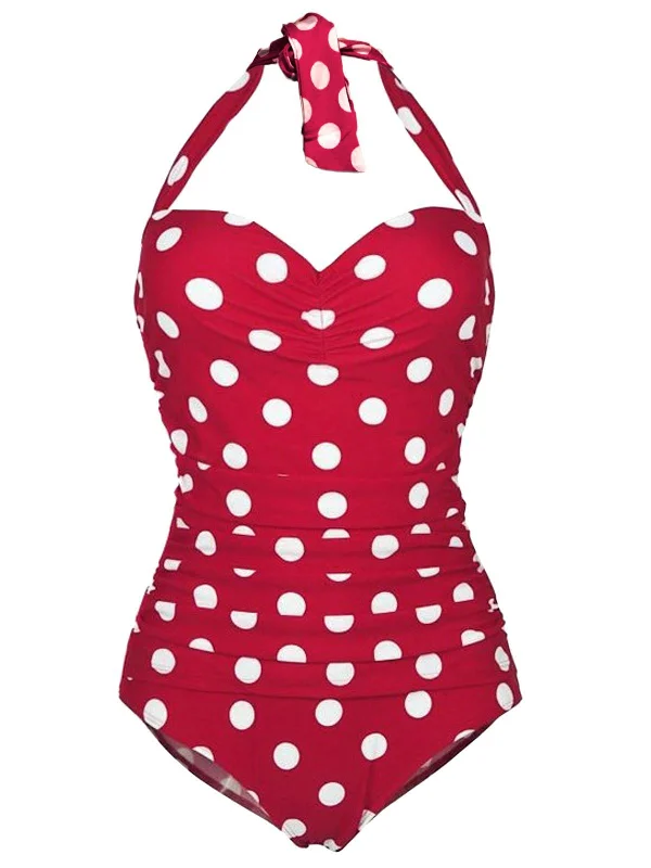 1950s Halter Polka Dot One-Piece Swimsuit Push-Up Bikini Bottoms