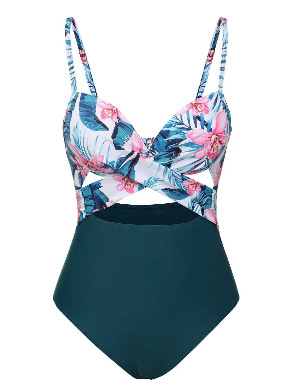 Lake Green 1930s Spaghetti Strap Floral Swimsuit Sleek Full Coverage