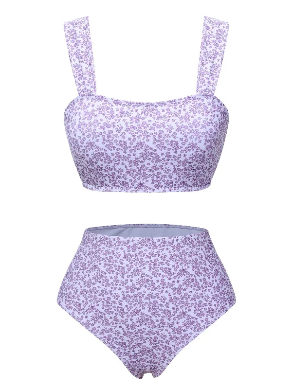 Lavender 1950s Floral Wide Strap Swimsuit Stylish Swimsuit Set