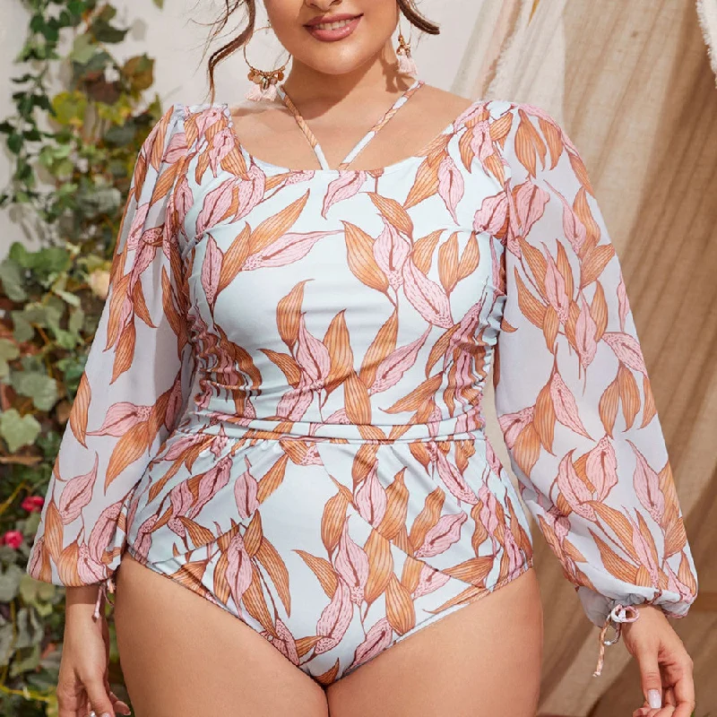 Long Sleeves Women Plus Sizes One Piece Swimwear Chic Beach Cover-Up