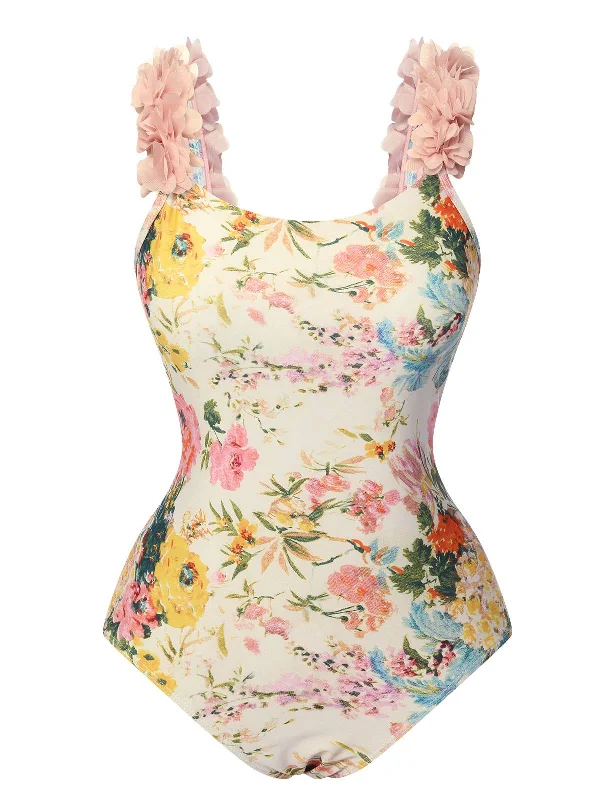 Multicolor 1950s 3D-Flowers Spaghetti Straps Swimsuit Beach Ready Swimsuit