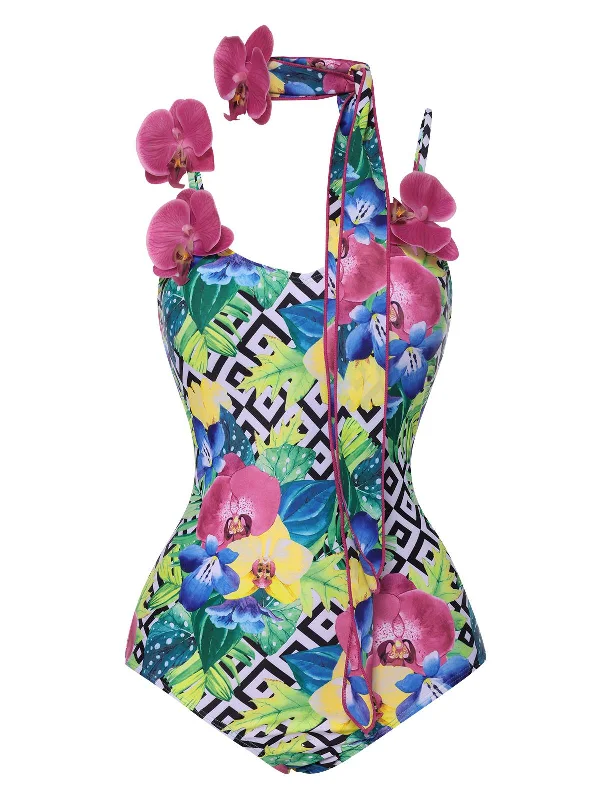 Multicolor 1950s Halter Artificial Flowers Swimsuit Swim Dress with Belt