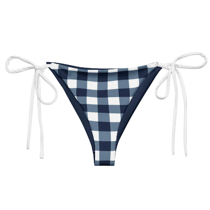 Navy Blue and White Gingham Check String Bikini Swimsuit Bottoms Plunge Neckline Swimsuit