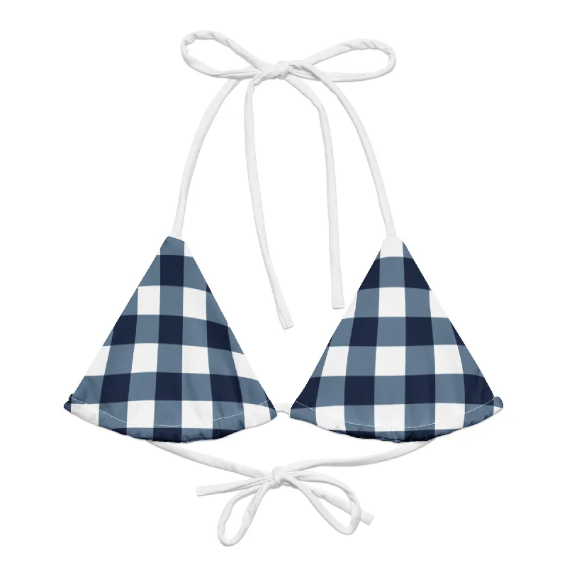 Navy Blue and White Gingham String Bikini Swimsuit Top Strappy Back Bikini