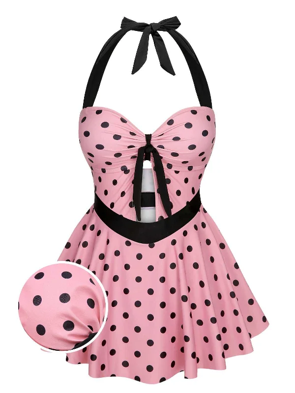 Pink 1950s Halter Polka Dots One-Piece Swimsuit Elegant Swim Dress