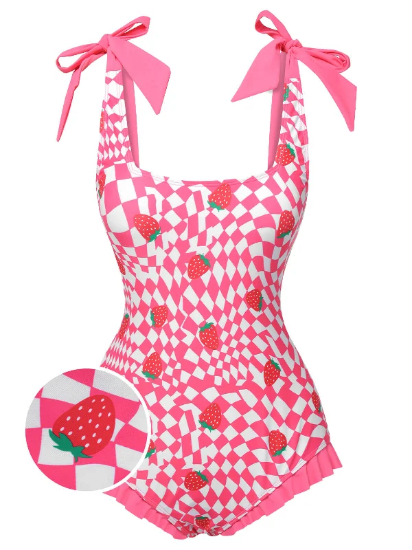 Pink 1960s Strawberry Plaid One-Piece Swimsuit Sporty Racerback Swimsuit