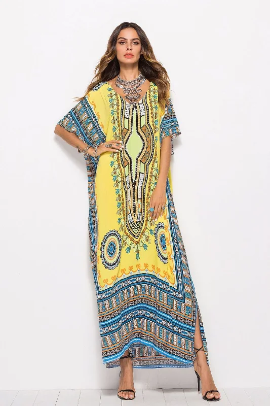 Printed V-Neck Side Slit Maxi swimsuit coverup Dress Comfortable Swim Shorts