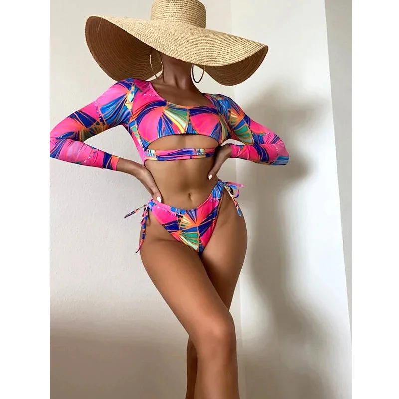 Sexy Floral Print Pink Two Pieces Bikini Women Swimwear Sexy Monokini Swimsuit