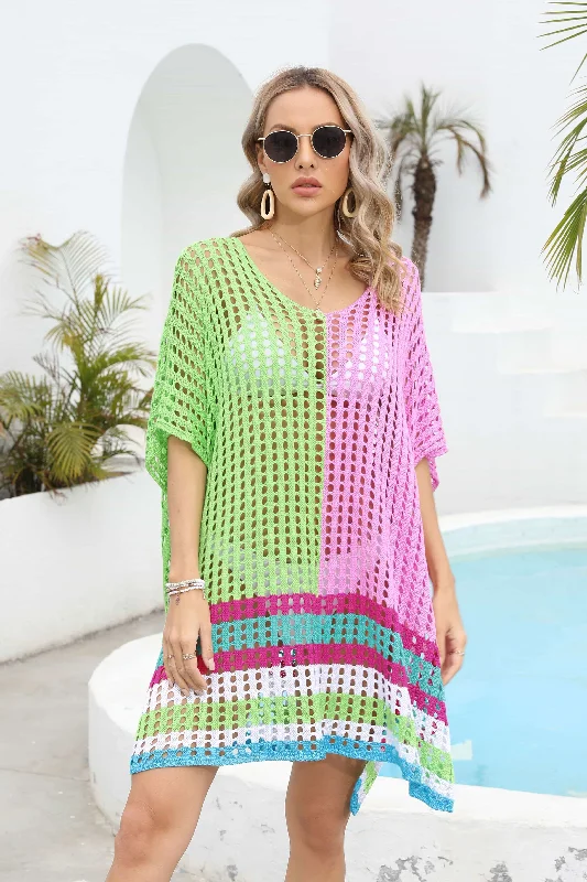 Sunset and Swim Contrast Scoop Neck Openwork Half Sleeve Swimsuit Coverup Sleek Full Coverage