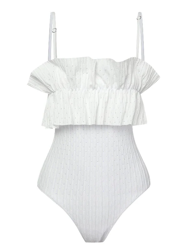 White 1970s Solid Ruffles Bandeau Swimsuit V-Neck Swim Dress