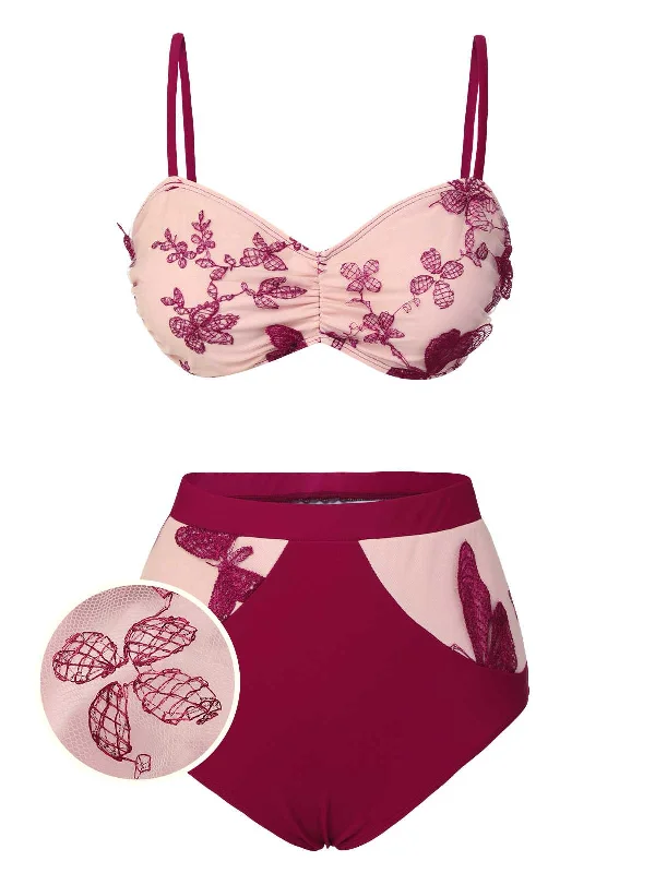 Wine Red 1950s Spaghetti Strap Butterflies Swimsuit Mesh Detail Bikini