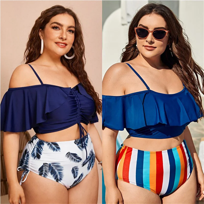 Women High Waist Off The Shoulder Plus Sizes Swimsuits Chic Bikini Set