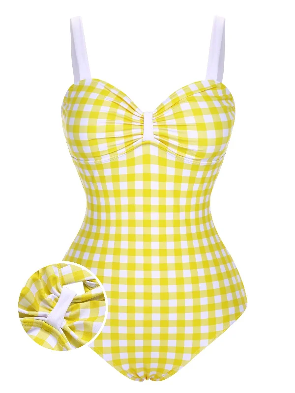 Yellow 1950s Plaid Strap Pleated Swimsuit Luxury Swimsuit Style