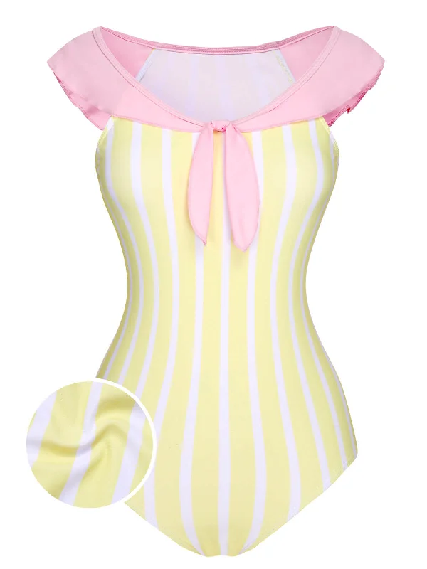 Yellow & Pink 1940s Stripe One-Piece Swimsuit Classic Monokini Design