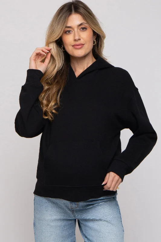 Black Front Pocket Hooded Fleece Maternity Sweatshirt Hoodie with Full-Zip Functional Layering