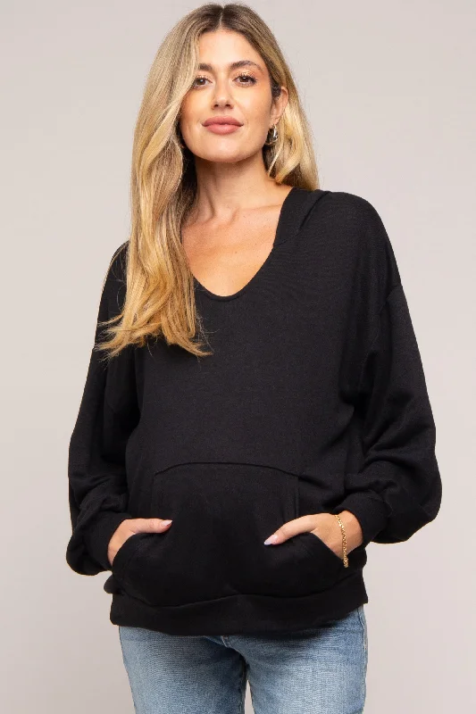 Black Front Pocket Maternity Hoodie Hoodie with Raglan Sleeves Sporty Comfortable