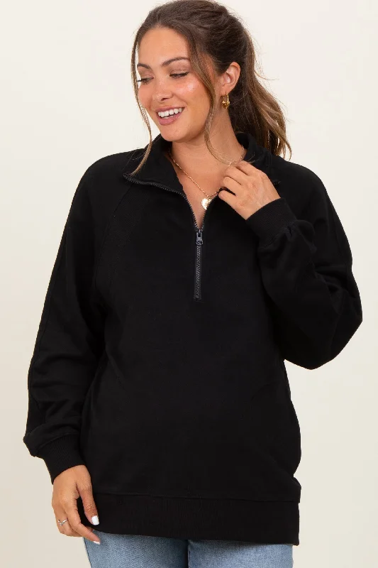 Black Half Zip Contrast Rib Sweatshirt Maternity Top Hoodie with Cropped Fit Short Trendy