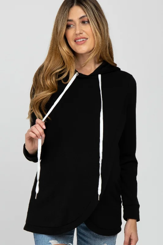 Black Layered Front Maternity/Nursing Fleece Hoodie Hoodie with Longline Fit Extended Stylish