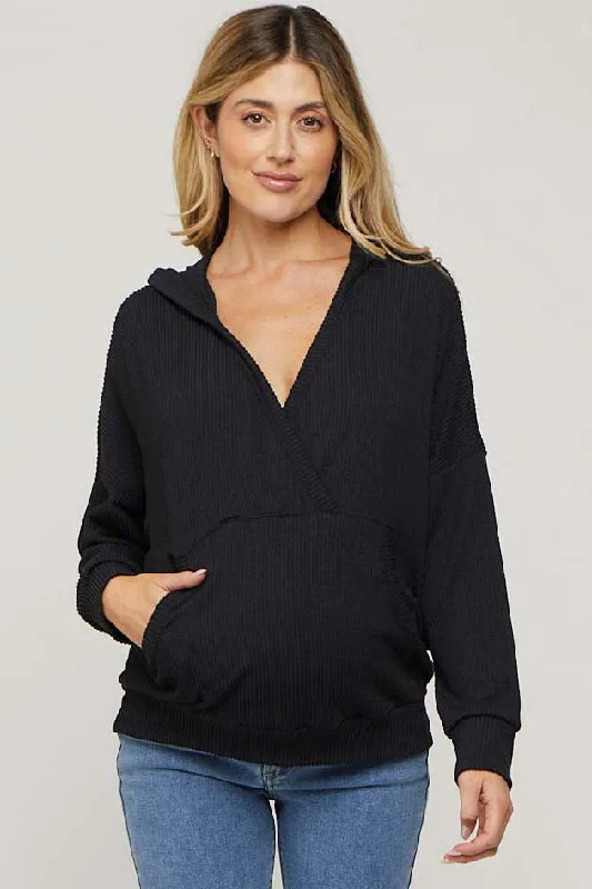 Black Ribbed Hooded Wrap Long Sleeve Maternity Top Hoodie with Reflective Safety Nightwear