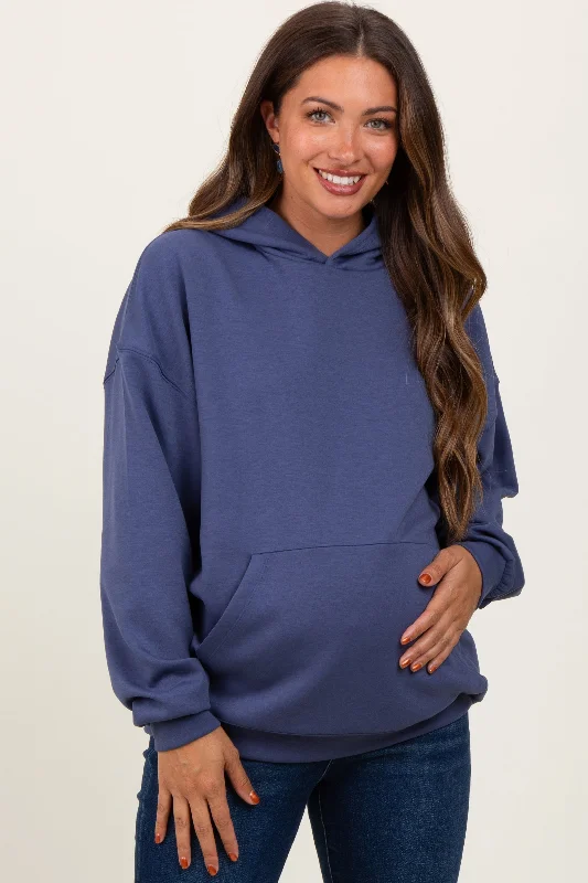 Blue Basic Maternity Hoodie Sweatshirt Hoodie with Hem Ribbing Snug Secure