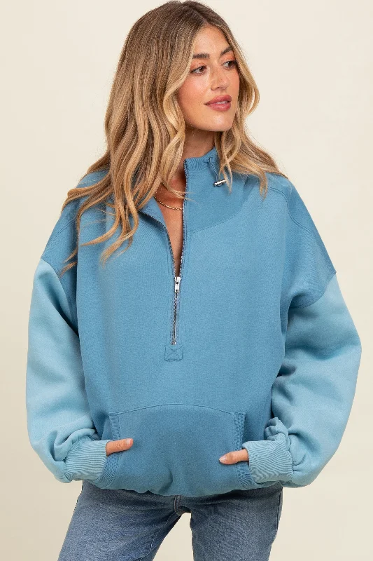 Blue Colorblock Half Zip Maternity Hoodie Hoodie with Pattern Geometric Abstract