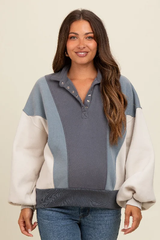 Blue Colorblock Snap Button Maternity Polo Sweatshirt Hoodie with Belted Waist Structured Tailored