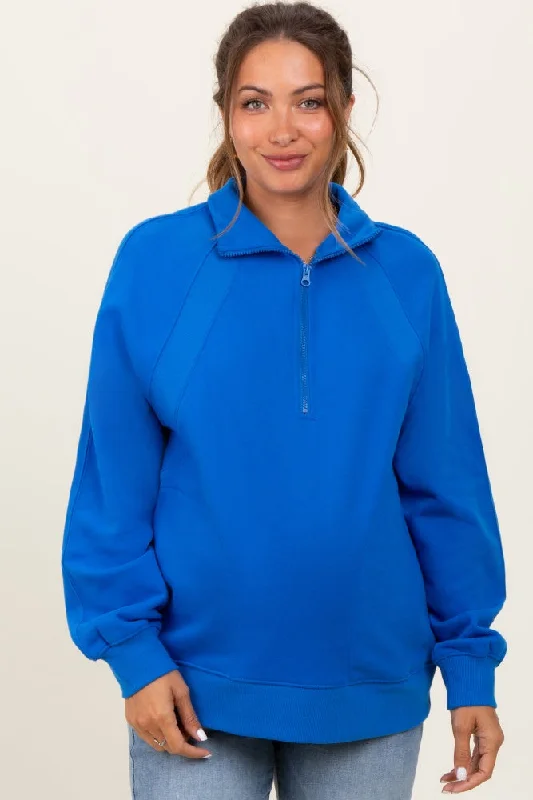 Blue Half Zip Contrast Rib Sweatshirt Maternity Top Hoodie with Bell Sleeves Flared Feminine