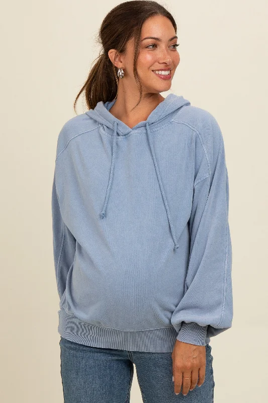 Blue Vintage Wash Oversized Maternity Drawstring Hoodie Hoodie with Mesh Breathable Sporty