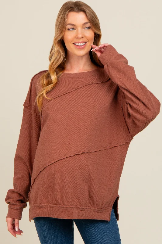 Brown Exposed Seam Dolman Sleeve Maternity Sweatshirt Hoodie with Earth Tones Natural Calm