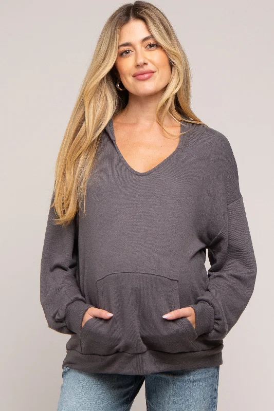 Charcoal Front Pocket Maternity Hoodie Hoodie with Ribbed Neckline Snug Warm