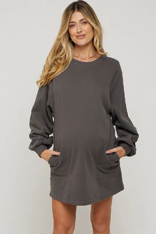 Charcoal Ultra Soft Maternity Sweatshirt Dress Hoodie with Fur Luxurious Winter