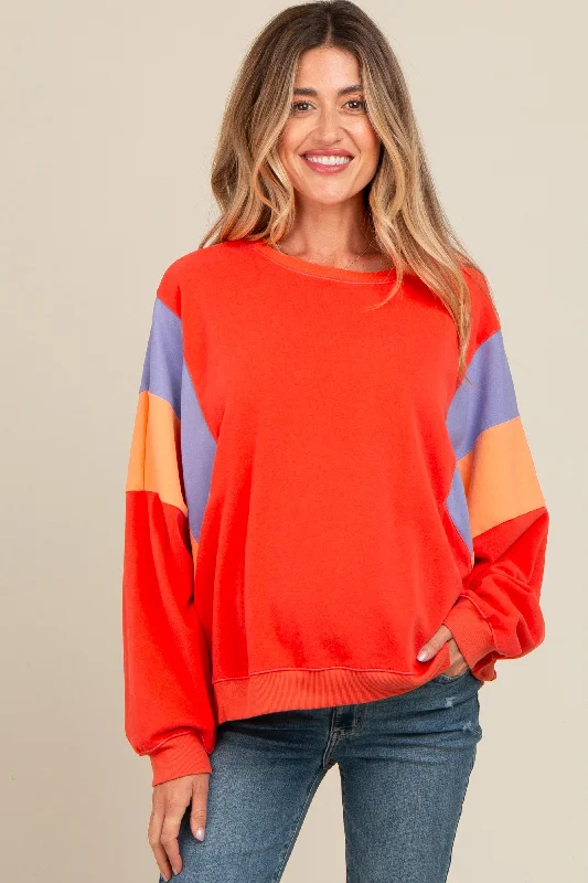 Coral Colorblock Dolman Sleeve Maternity Sweatshirt Hoodie with Elastic Cuffs Stretchable Comfortable