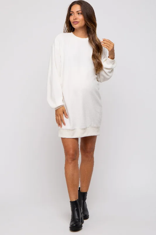 Cream Fleece Oversized Maternity Sweatshirt Mini Dress Hoodie with Reflective Safety Nightwear