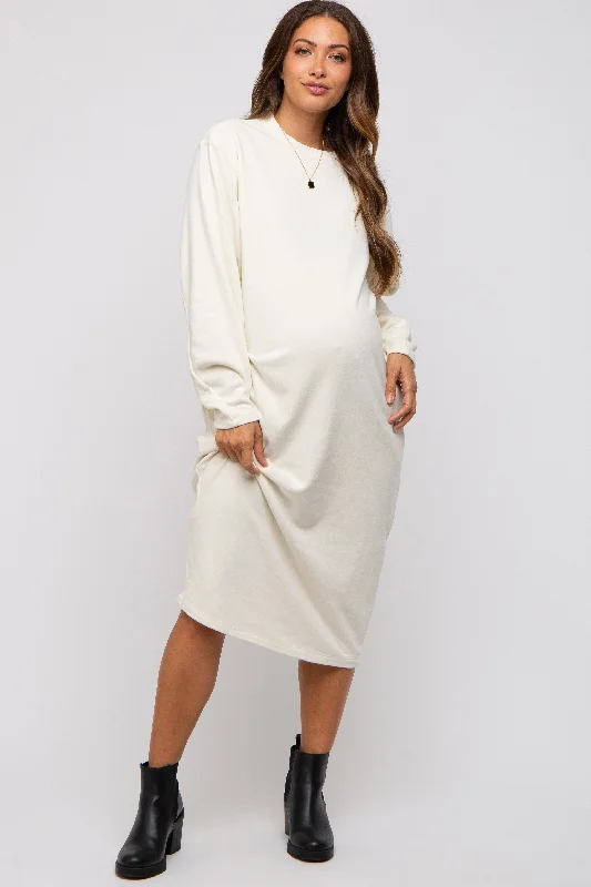 Cream Oversized Maternity Sweatshirt Midi Dress Hoodie with Contrast Stitching Detailed Premium