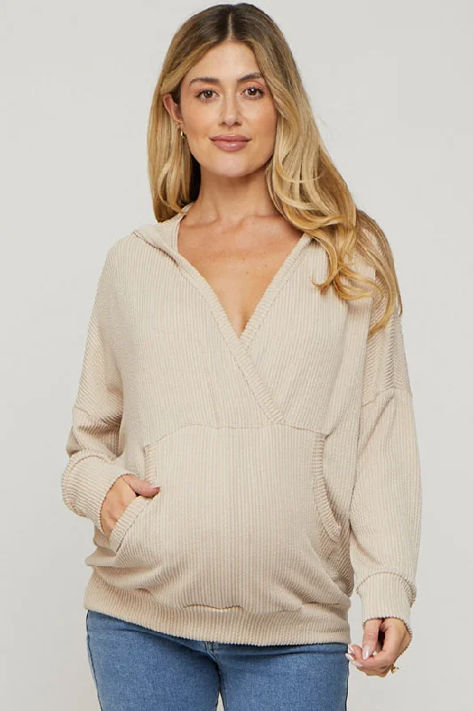 Cream Ribbed Hooded Wrap Long Sleeve Maternity Top Hoodie with Contrast Stitching Detailed Premium