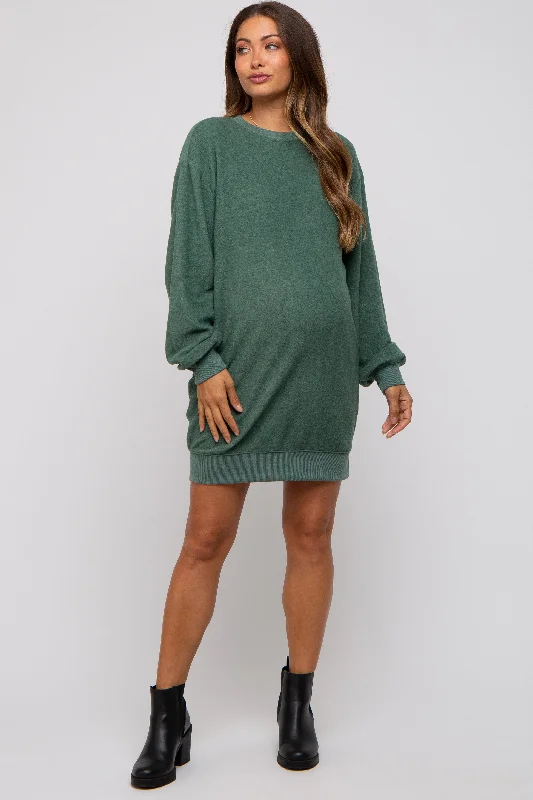 Green Fleece Oversized Maternity Sweatshirt Mini Dress Hoodie with Pastel Soft Subtle