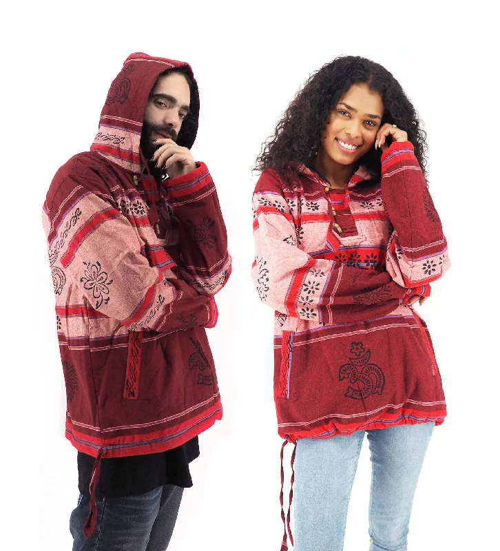 Handmade Casual Boho Cotton Unisex Jackets Hoodies Size S-M-L-XL- Red Hoodie with Drawstring Waist Adjustable Fitted