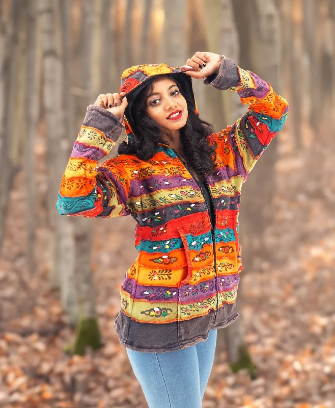 Handmade Patchwork Boho Fleece Lined Hoodie 100% Pre-Washed Cotton Rainbow Tones S-M-L-XL Hoodie with Strings Custom Fit Adjustable