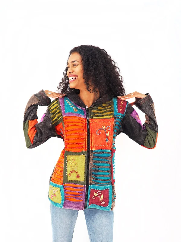 Handmade Patchwork Boho Hoodie 100% Pre-Washed Cotton Blue Orange Tones S-M-L-XL Hoodie with Turtle Neck Cozy Winter