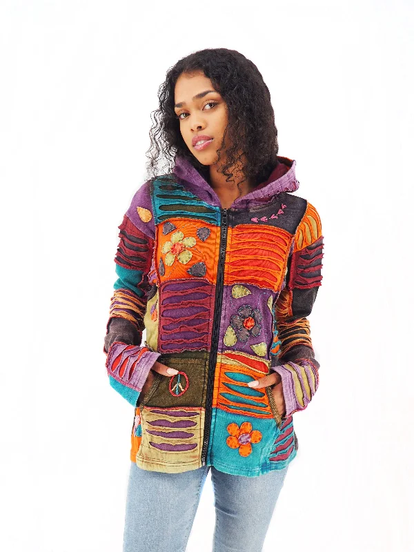 Handmade Patchwork Boho Hoodie 100% Pre-Washed Cotton Orange Purple Tones XXL Hoodie with Stripes Bold Sporty