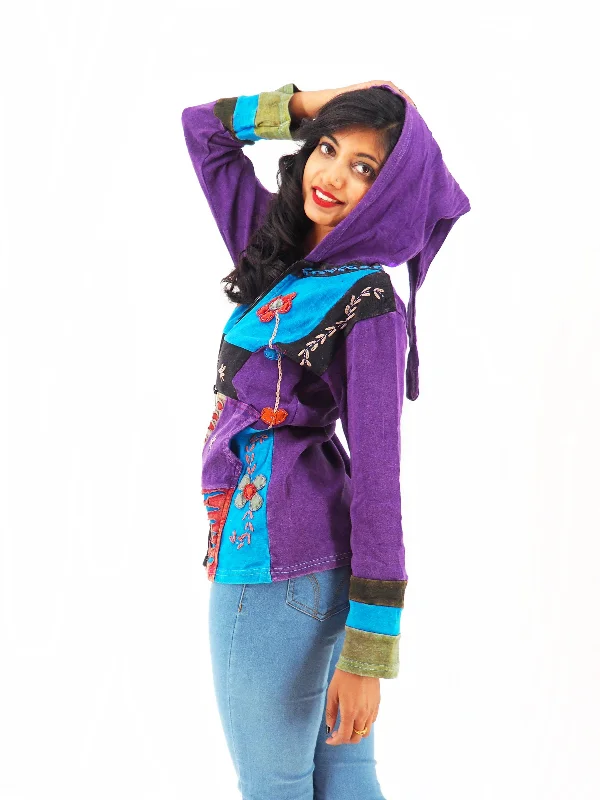 Handmade Patchwork Boho Hoodie 100% Pre-Washed Cotton Pixie Hood Blue Purple S-M-L-XL Hoodie with Lining Warm Insulated