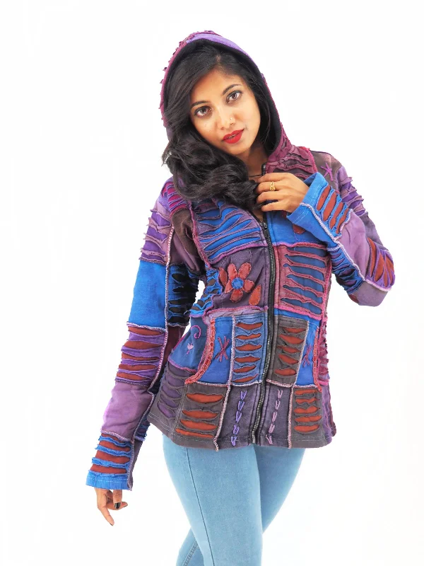 Handmade Patchwork Boho Hoodie 100% Pre-Washed Cotton Purple Tones S-M-L-XL Zip Hoodie Drawstring Kangaroo Pocket