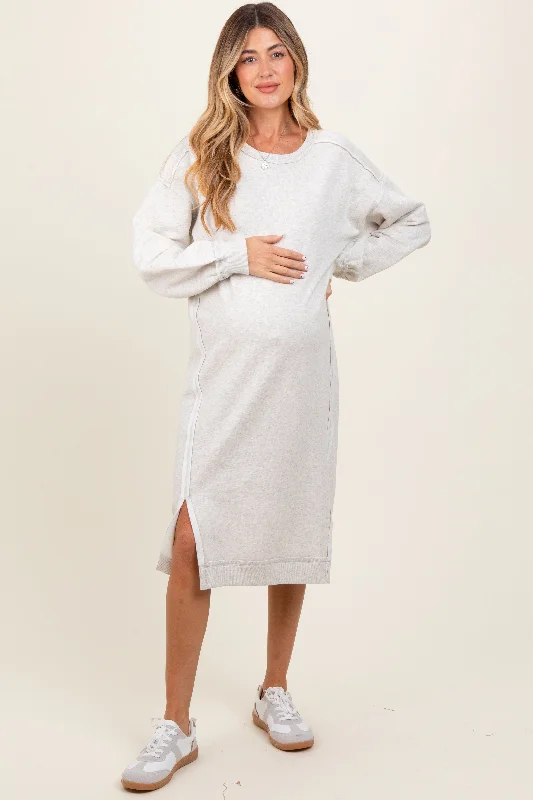 Heather Beige Maternity Sweatshirt Midi Dress Hoodie with Hood Adjustable Protection