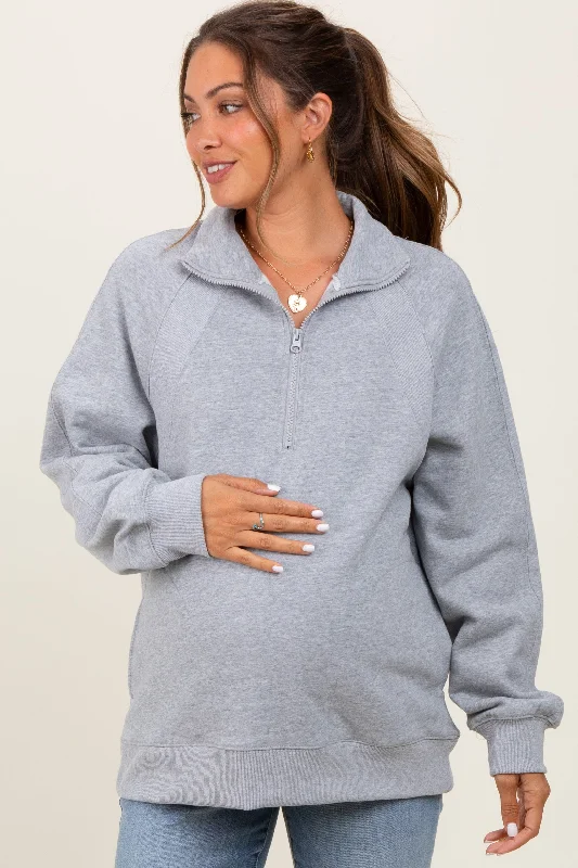 Heather Grey Half Zip Contrast Rib Sweatshirt Maternity Top Hoodie with Slim Fit Tailored Modern