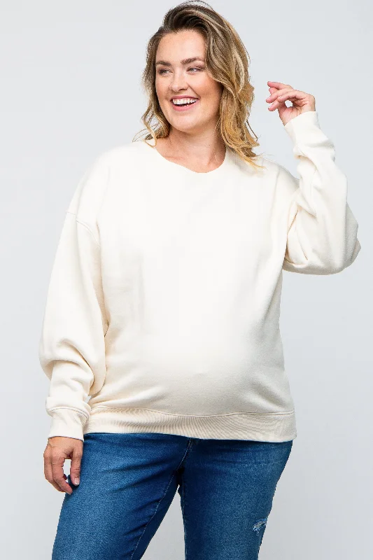 Ivory Soft Knit Fleece Lined Maternity Plus Sweatshirt Hoodie with High Neck Warm Protective