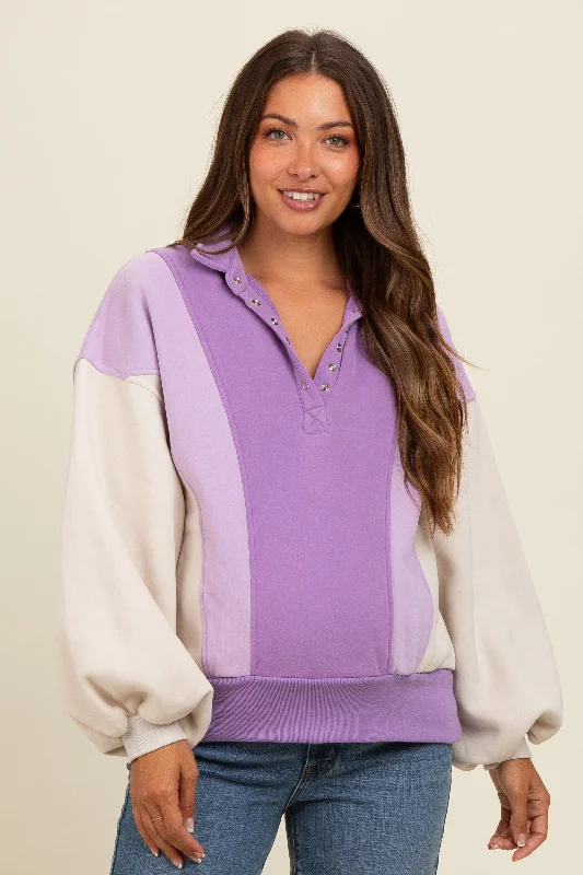 Lavender Colorblock Snap Button Maternity Polo Sweatshirt Hoodie with Slit Hem Functional Movement